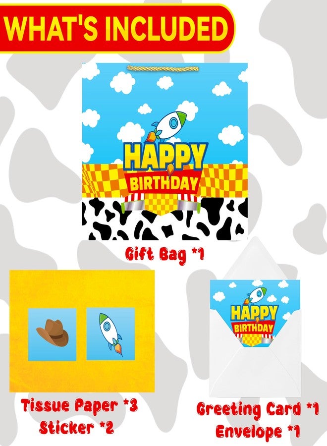 CHENRINDECO 13" Large Cartoon Story Birthday Gift Bag (Includes Card, Colored Paper, Envelope, and Stickers), Blue Sky and White Clouds Rocket Party Favor Bag, Toy-Themed Birthday Party Supplies - Image 5